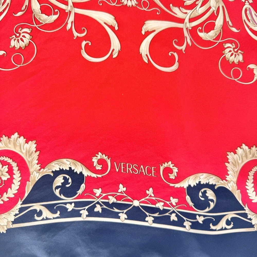 Versace Silk Scarf Red Navy Baroque Filigree Ornate Square 34